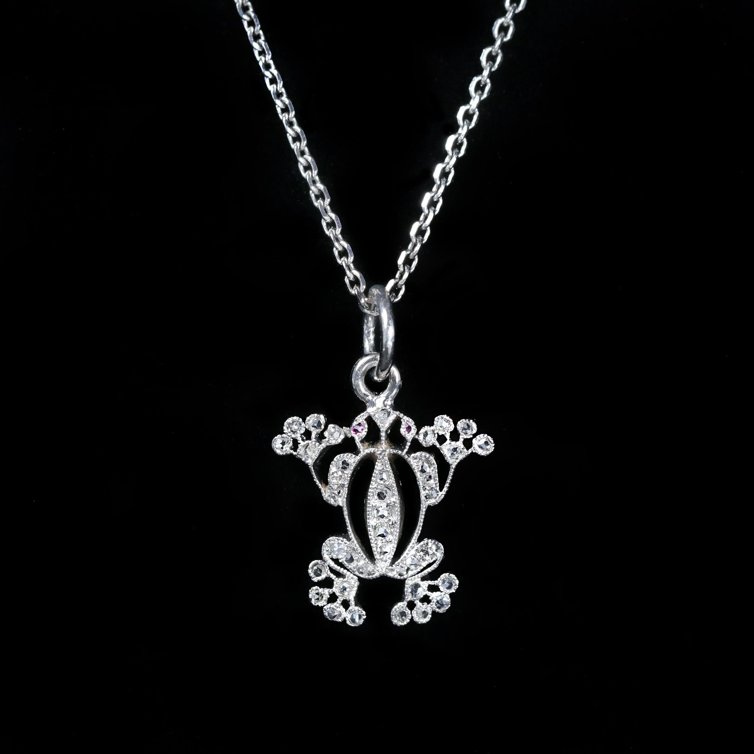 Art Deco Platinum Rose Cut Diamond and Ruby Frog Pendant