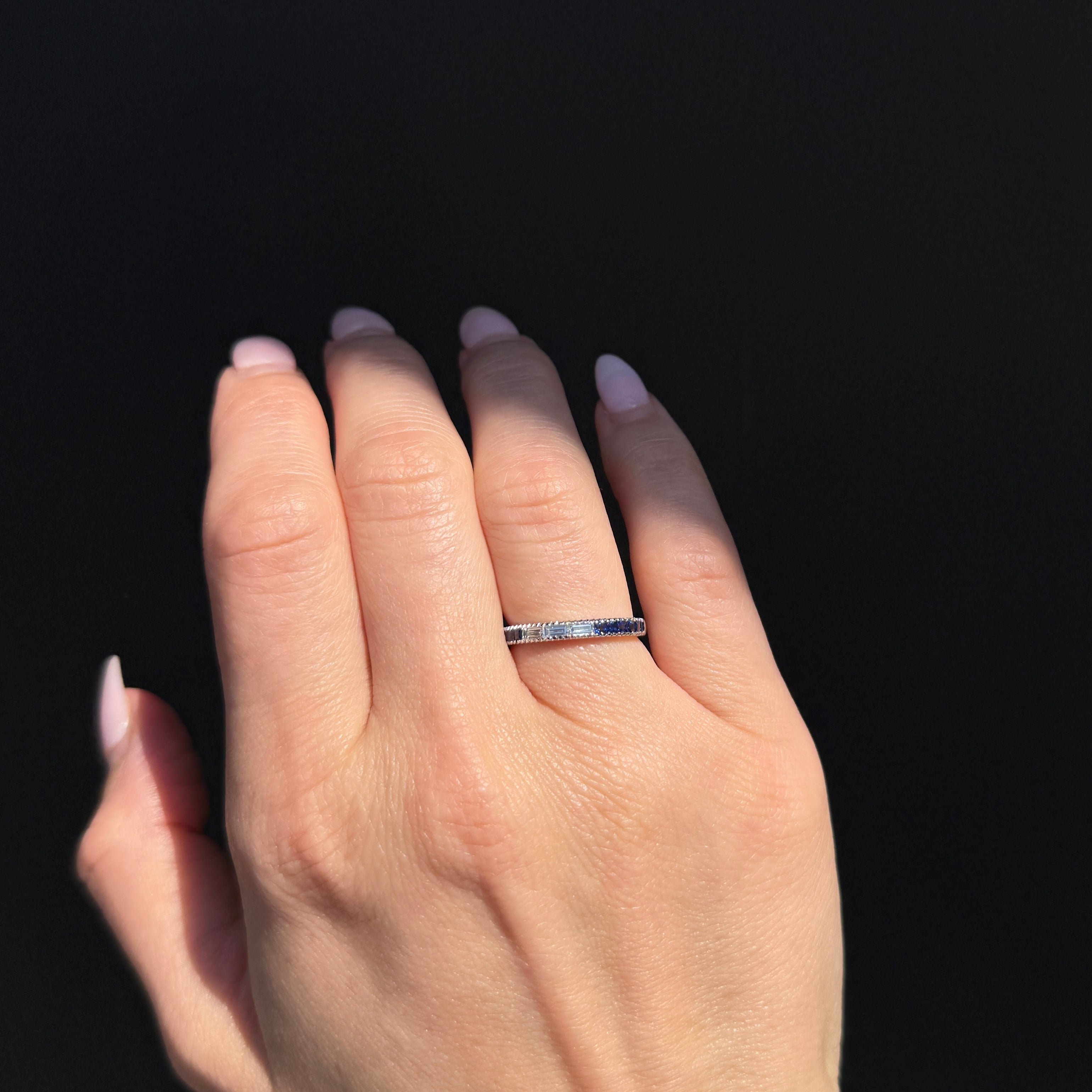 White Gold 0.19 CTW Baguette Diamond and Sapphire Band