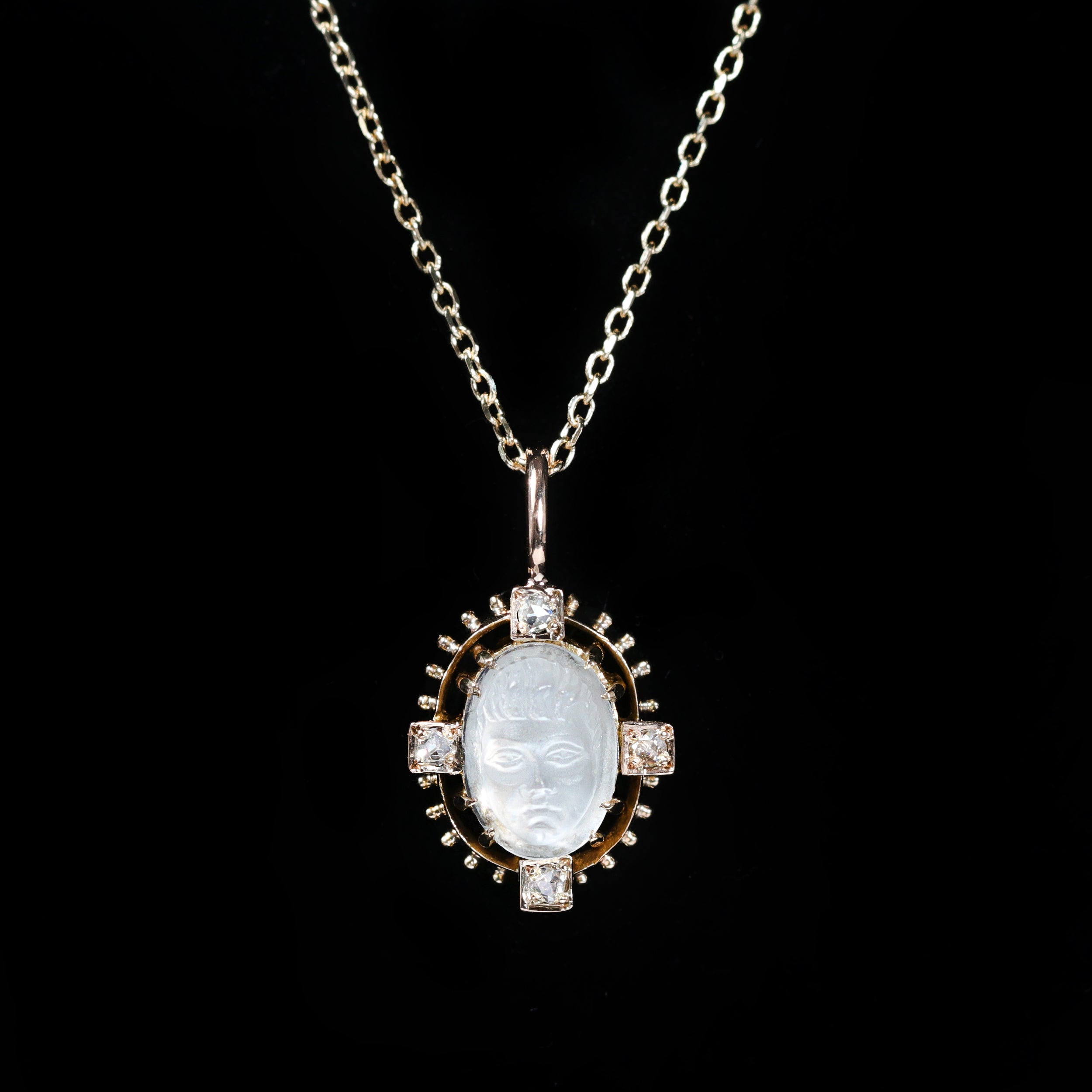 Victorian Moonstone Cameo and Rose Cut Diamond Pendant