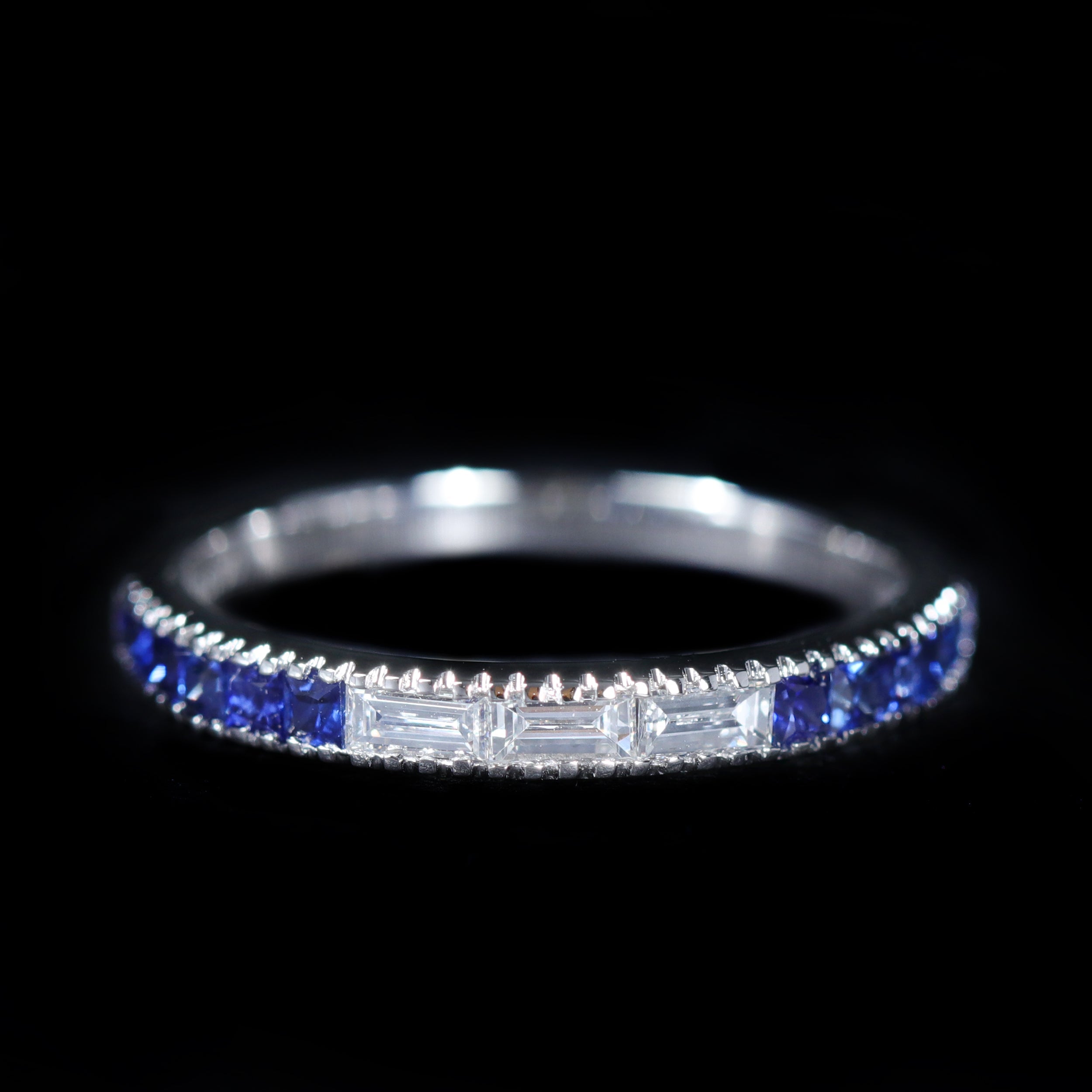 White Gold 0.19 CTW Baguette Diamond and Sapphire Band