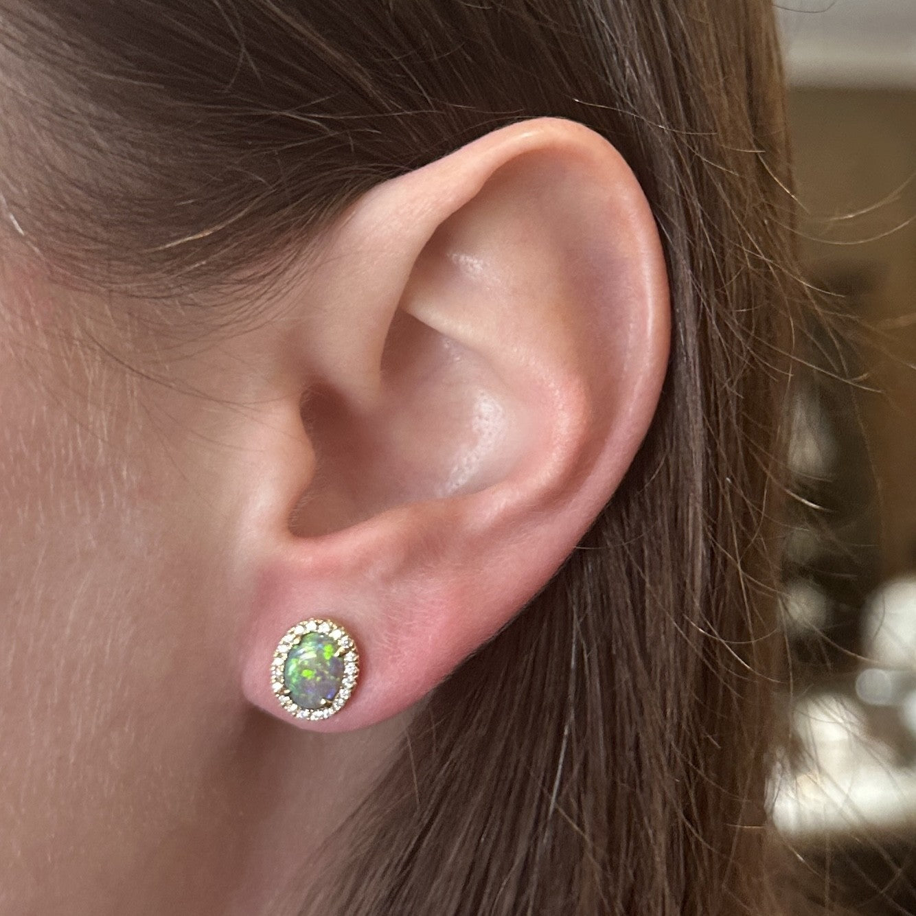 Yellow Gold 1.20 CTW Black Opal and Diamond Stud Earrings