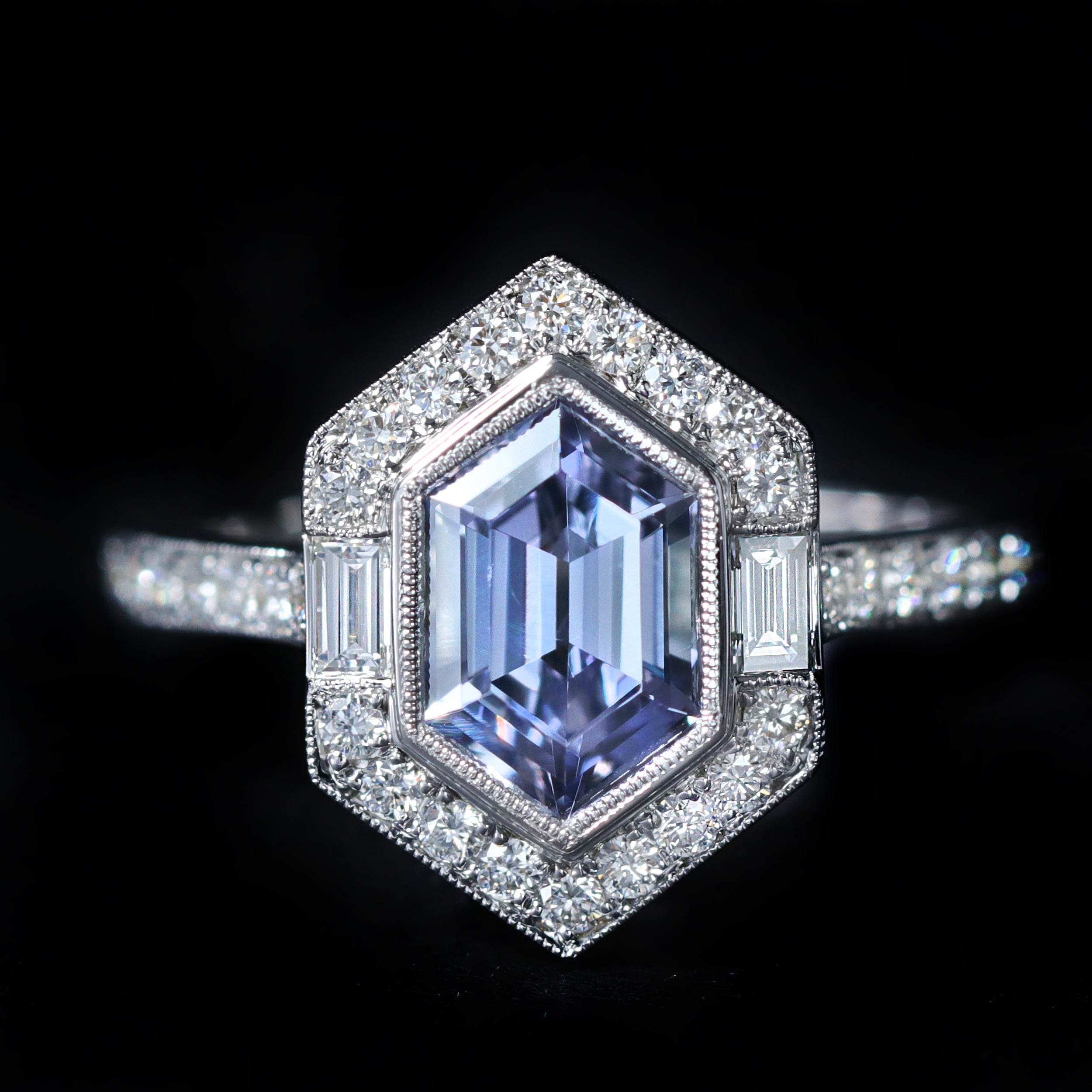 14K White Gold 1.46 Carat Hexagon Cut Tanzanite and Diamond Ring
