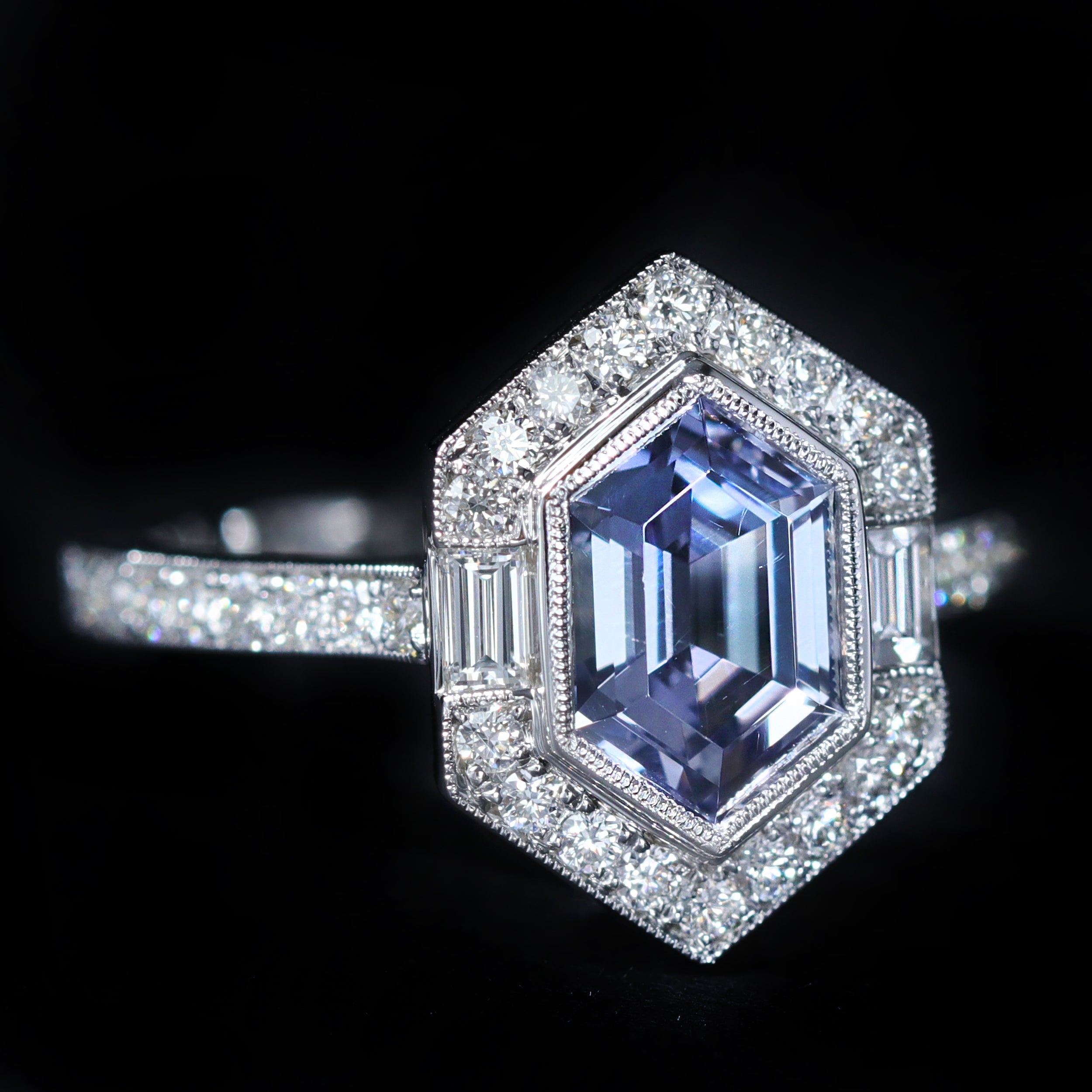 14K White Gold 1.46 Carat Hexagon Cut Tanzanite and Diamond Ring