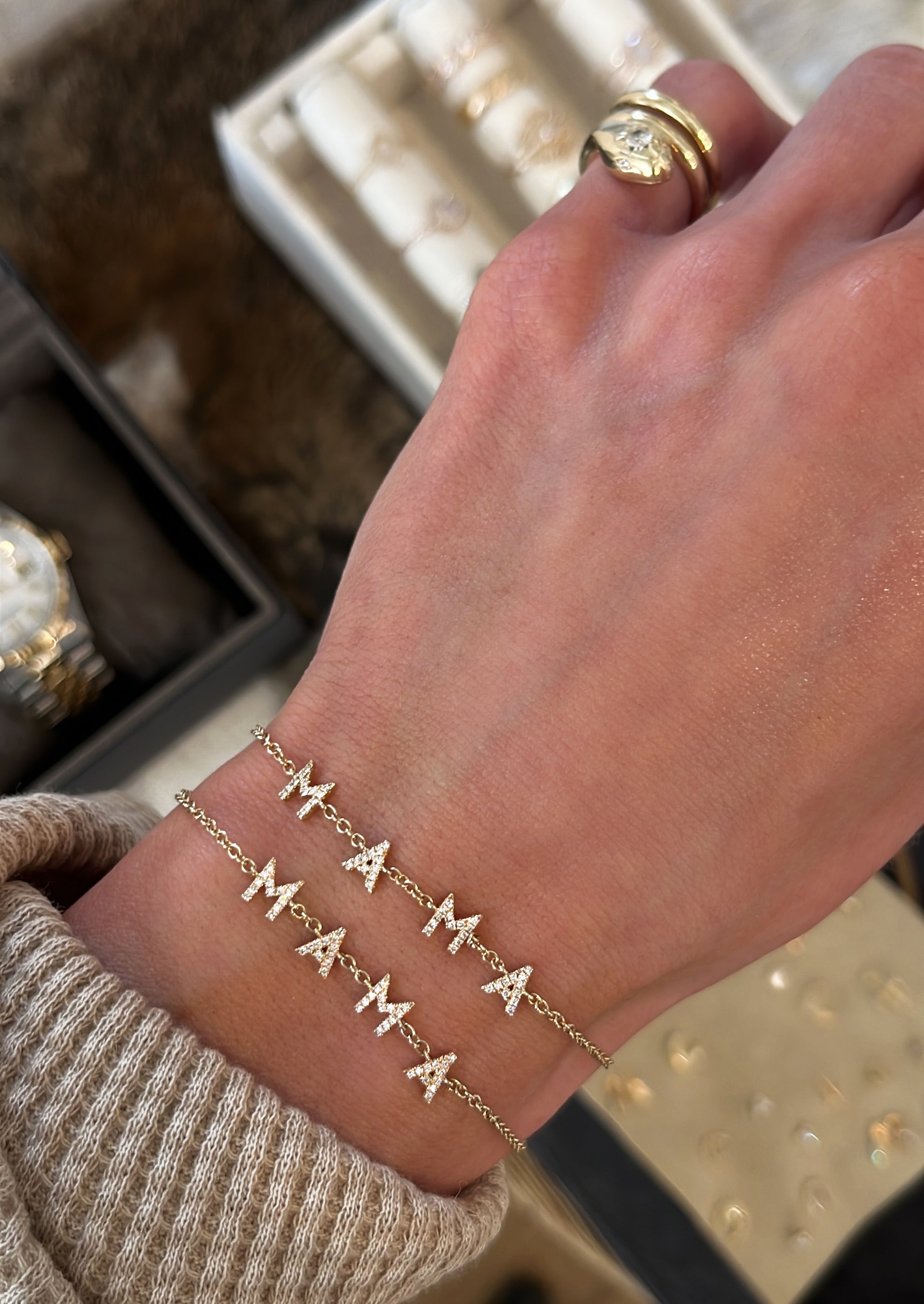 14kt gold and diamond spaced mama bracelet