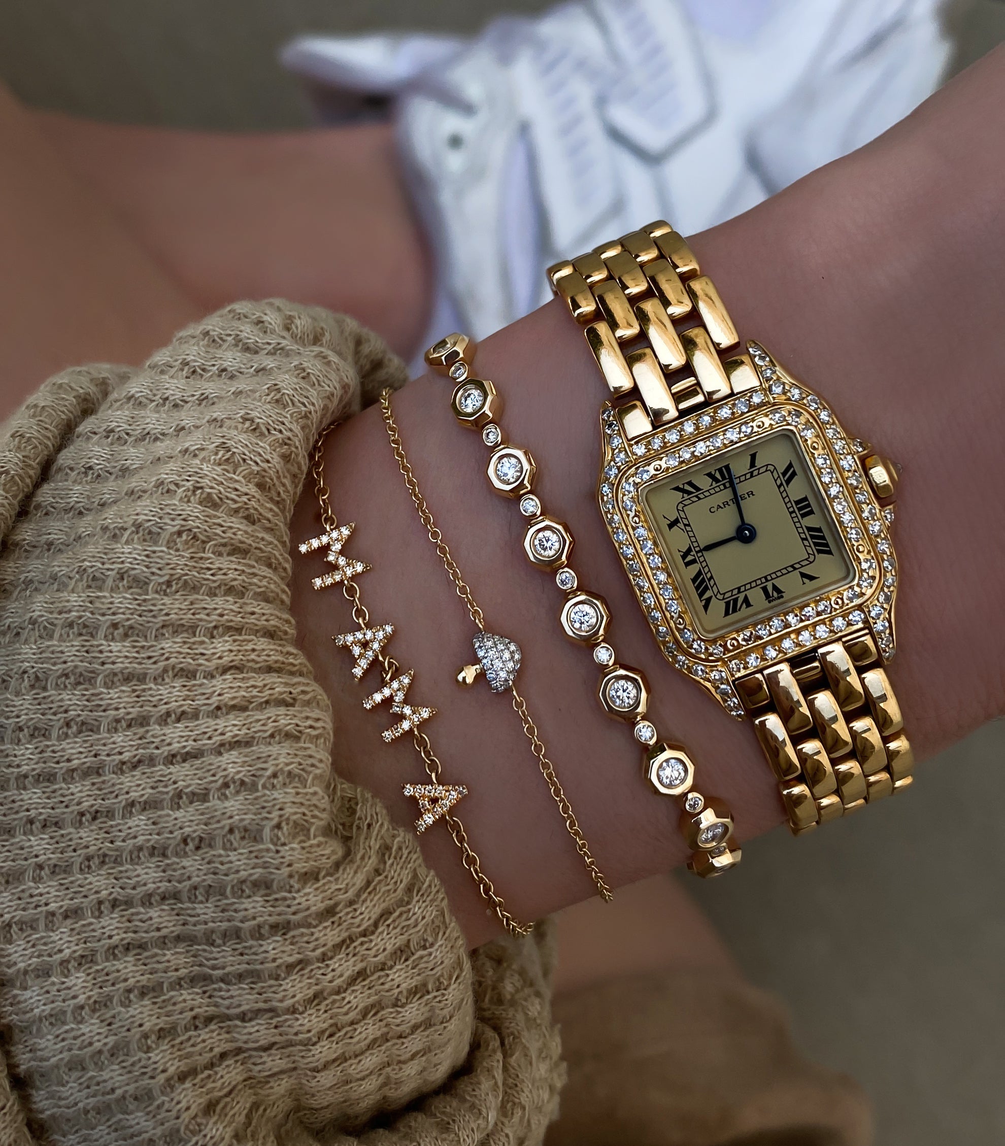 14kt gold and diamond spaced mama bracelet