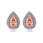 14K Two Tone Fancy Pink Pear Cut Diamond Stud Earrings W/ Halo 2.98ctw
