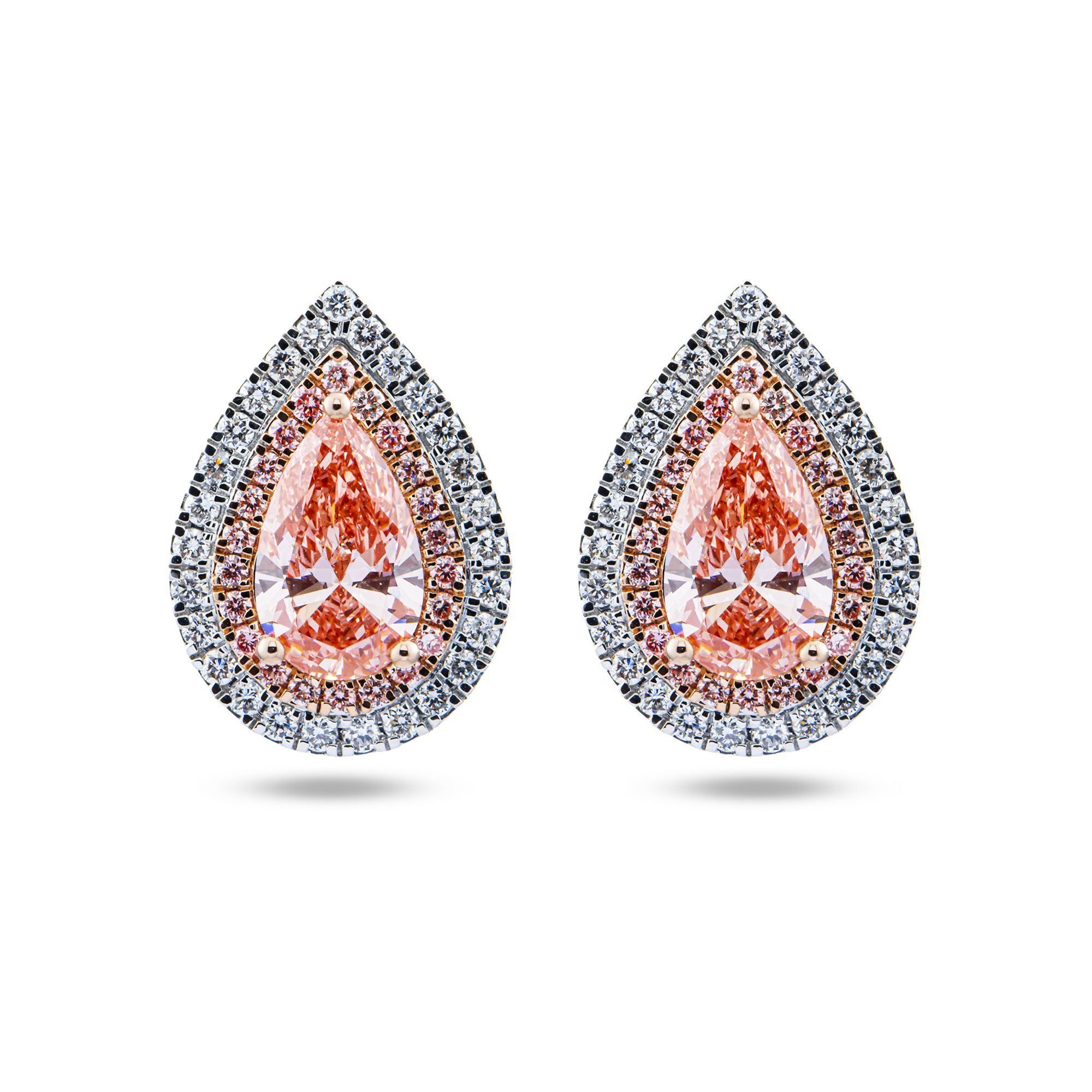 14K Two Tone Fancy Pink Pear Cut Diamond Stud Earrings W/ Halo 2.98ctw