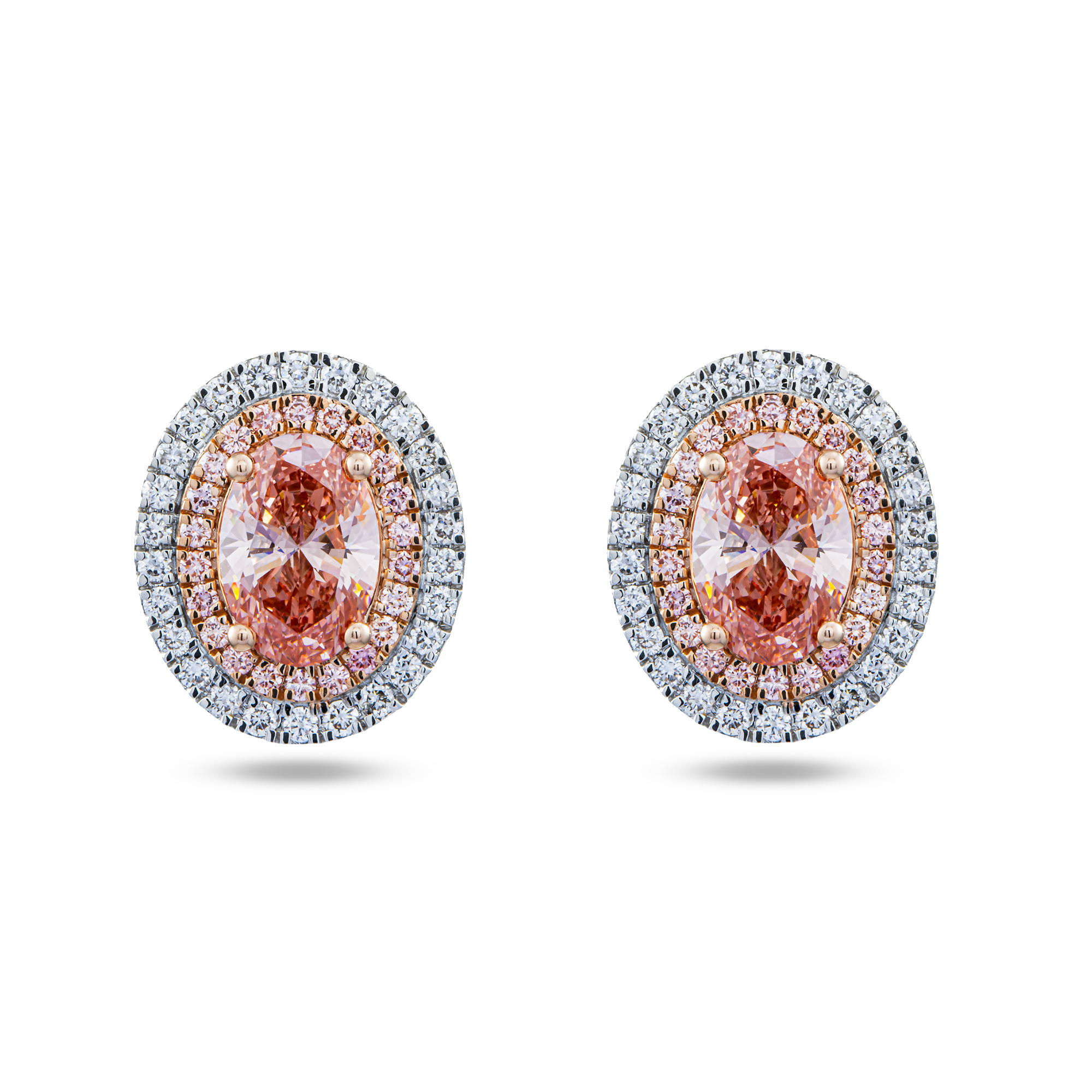 14K Two Tone Fancy Pink Oval Cut Diamond Stud Earrings W/ Halo 2.88ctw