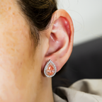 14K Two Tone Fancy Pink Pear Cut Diamond Stud Earrings W/ Halo 2.98ctw