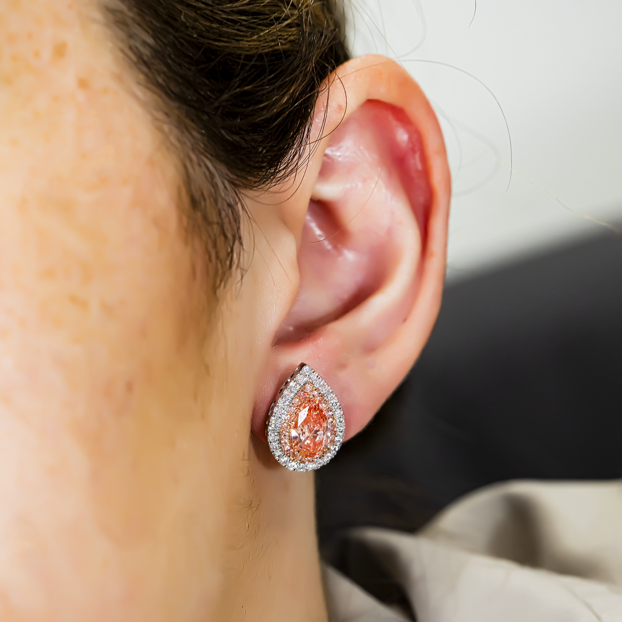 14K Two Tone Fancy Pink Pear Cut Diamond Stud Earrings W/ Halo 2.98ctw