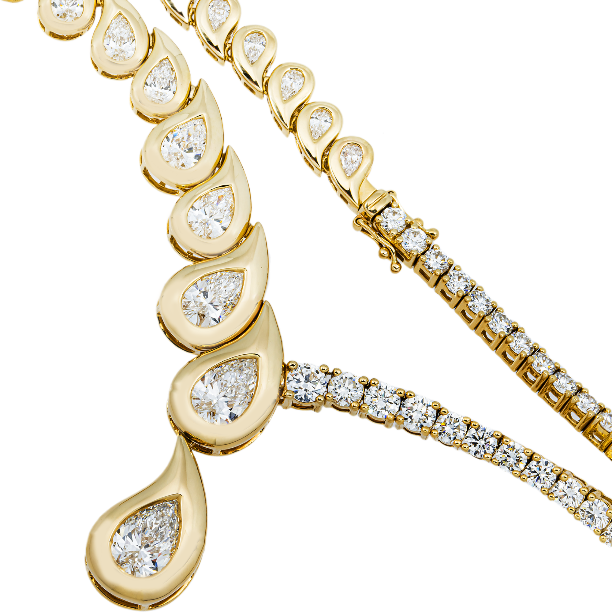 Yellow Gold Two Faced Graduated Pear Cut Diamond Drop Necklace