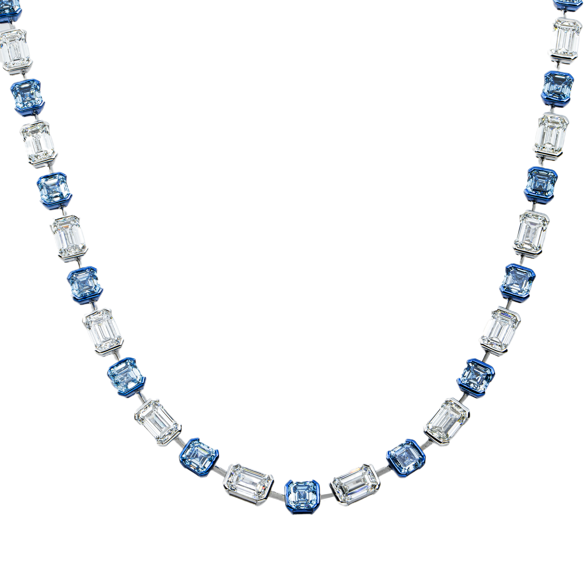 14K Two Tone Multi Cut Fancy Blue & White Diamond Satellite Necklace 69.42ct