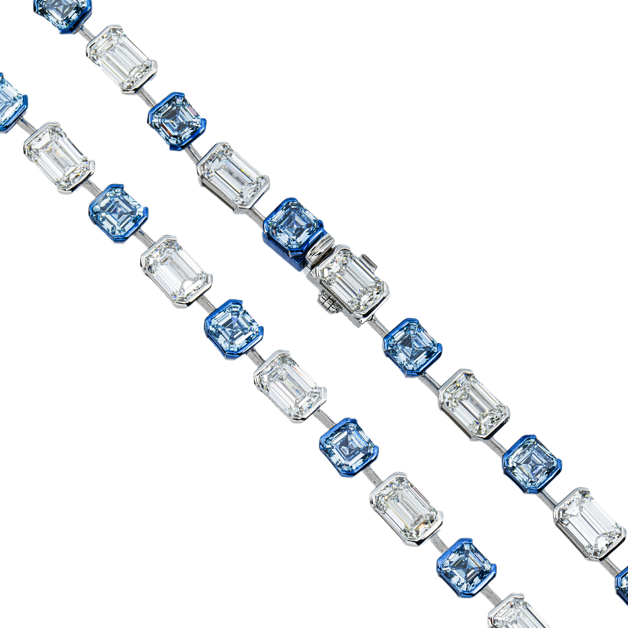 14K Two Tone Multi Cut Fancy Blue & White Diamond Satellite Necklace 69.42ct