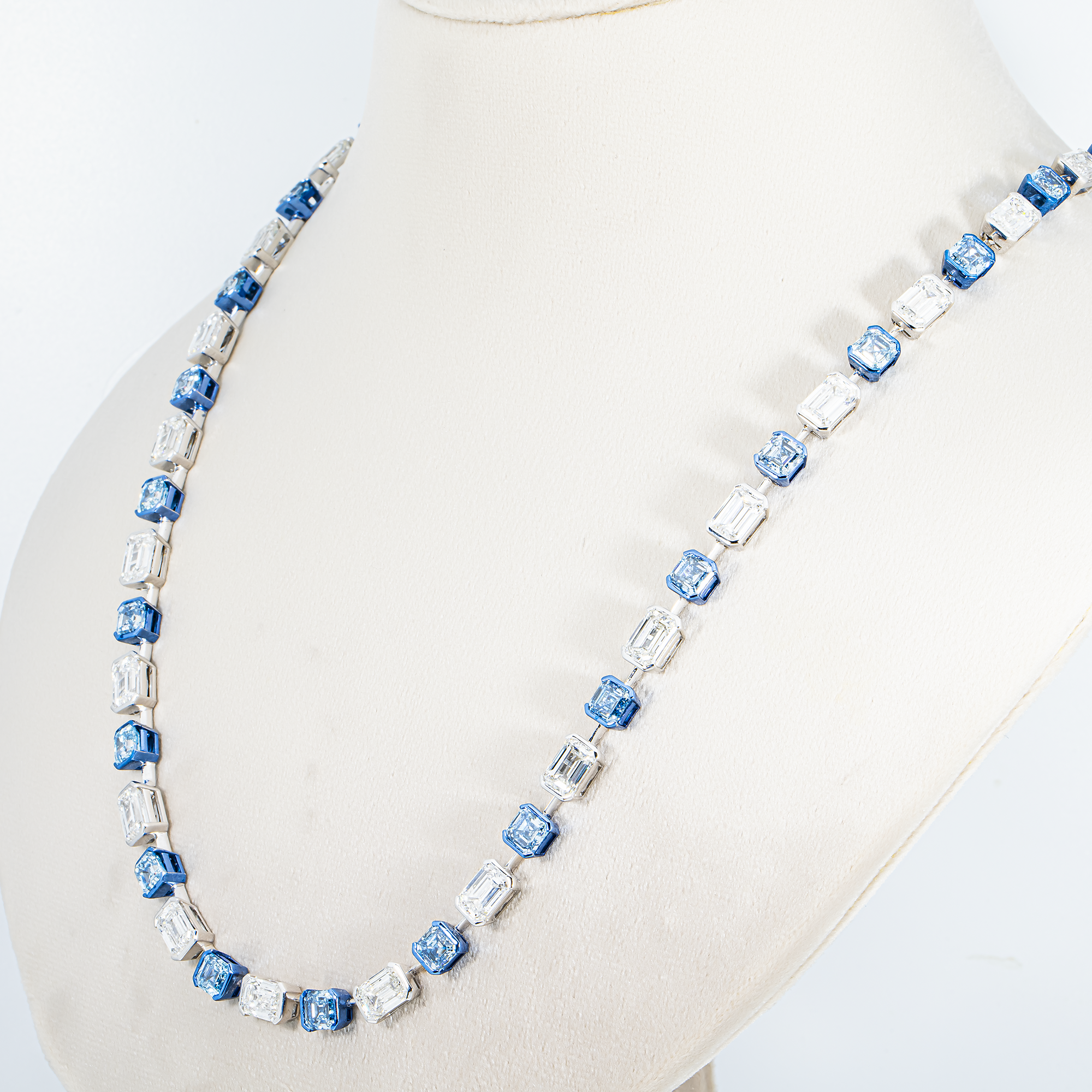 14K Two Tone Multi Cut Fancy Blue & White Diamond Satellite Necklace 69.42ct