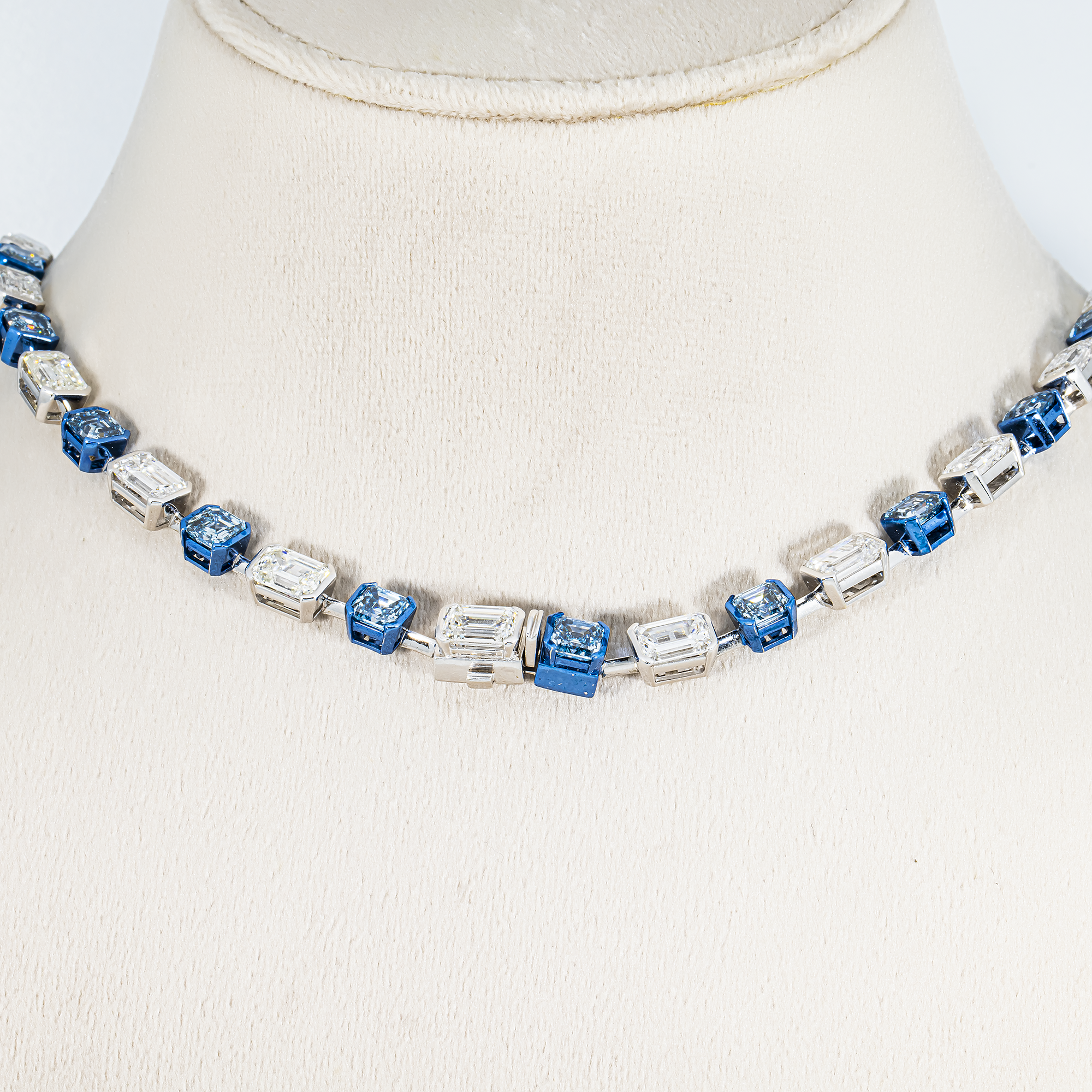 14K Two Tone Multi Cut Fancy Blue & White Diamond Satellite Necklace 69.42ct