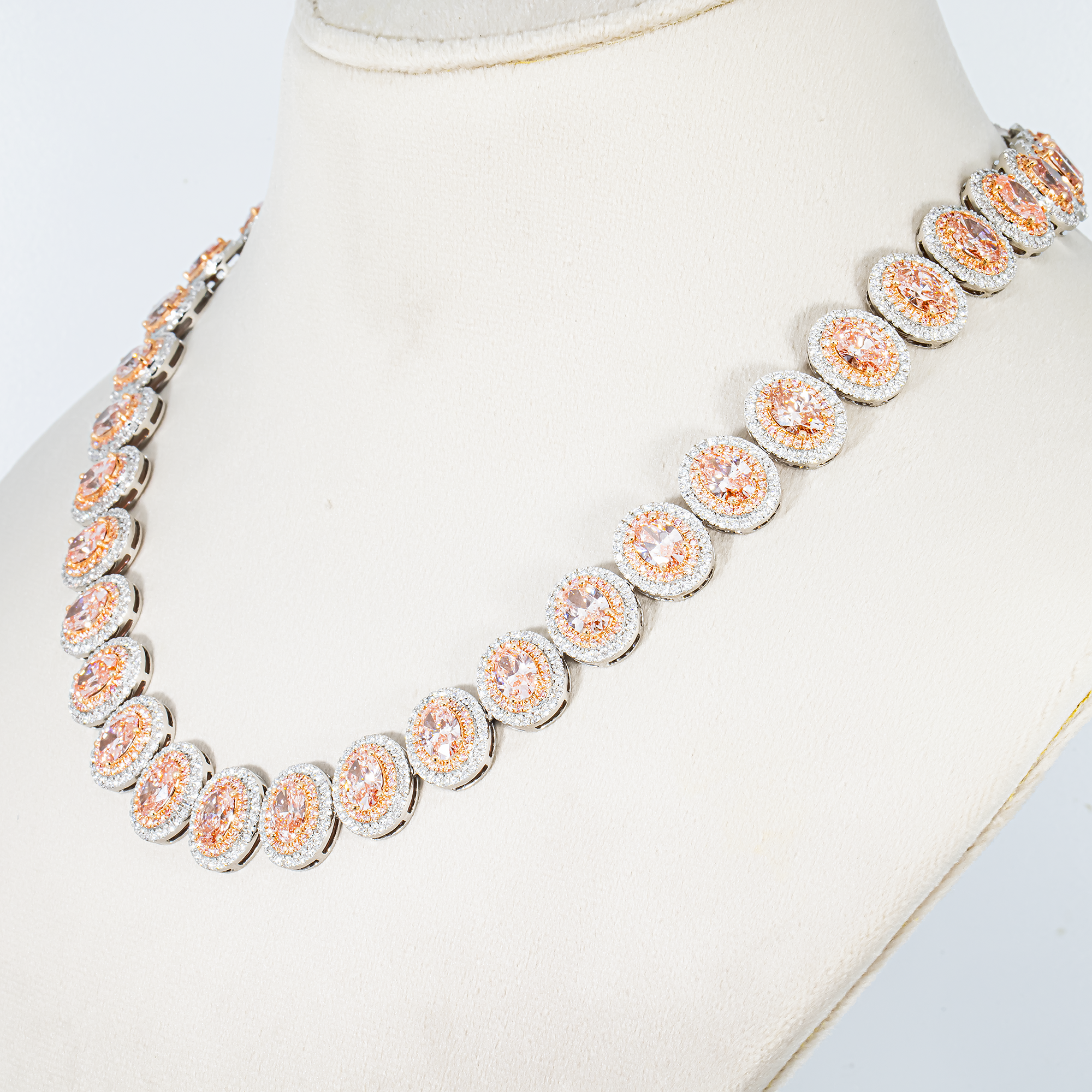 White Gold Oval Cut Fancy Pink Diamond Necklace W/ Halo