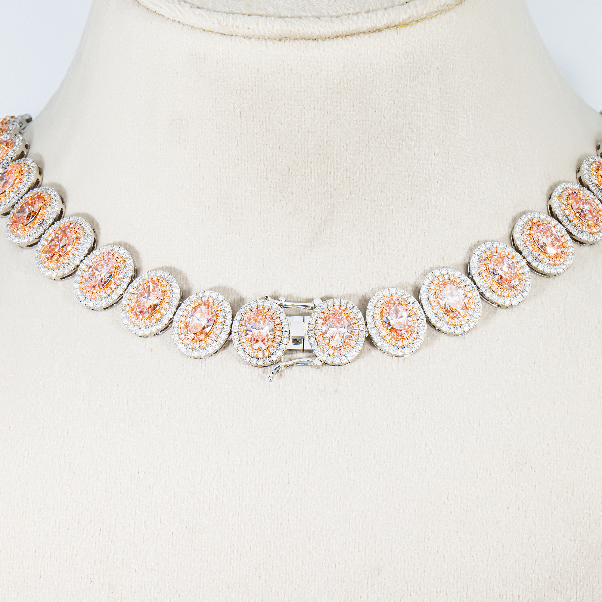 White Gold Oval Cut Fancy Pink Diamond Necklace W/ Halo