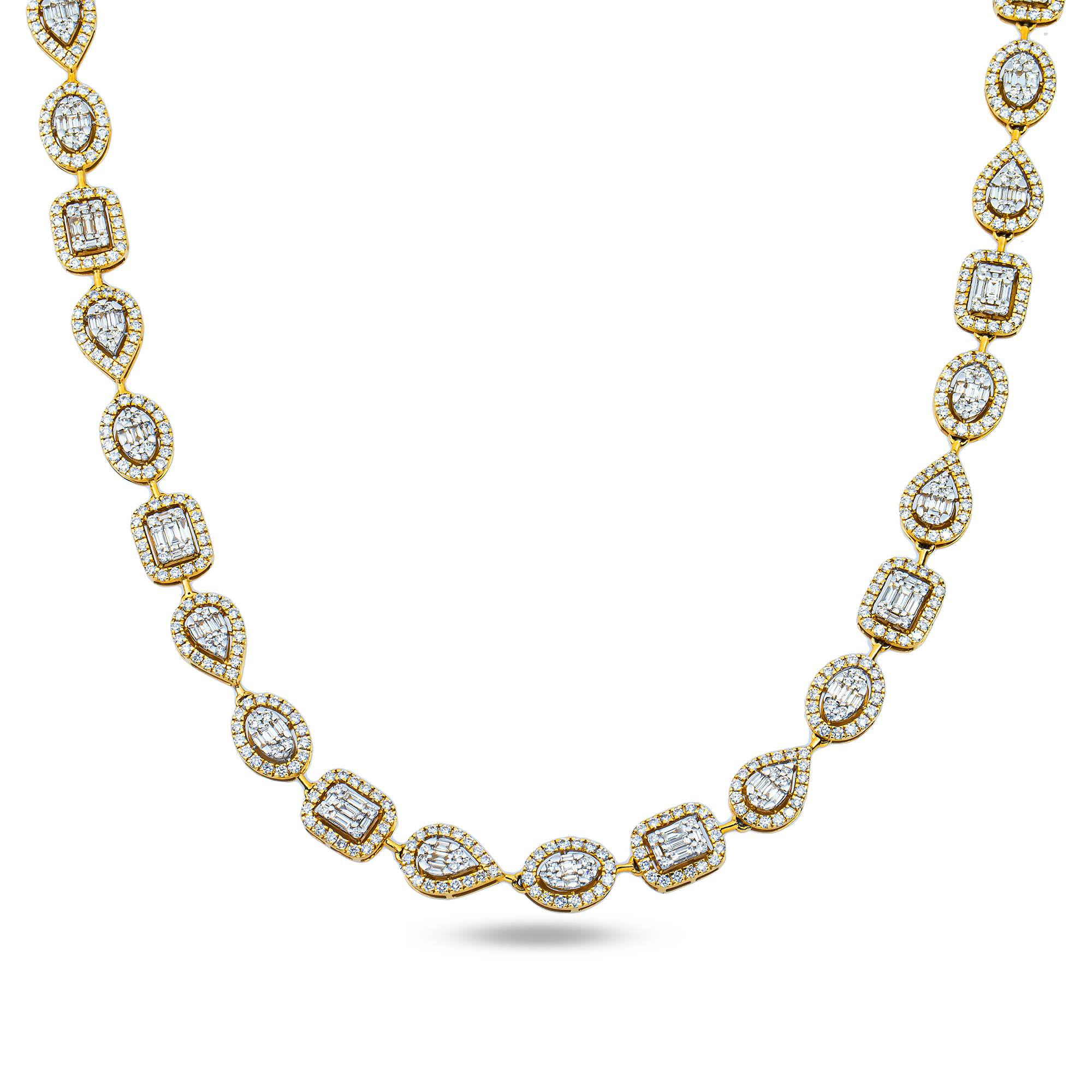 Yellow Gold Round & Baguette Cut Diamond Satellite Necklace