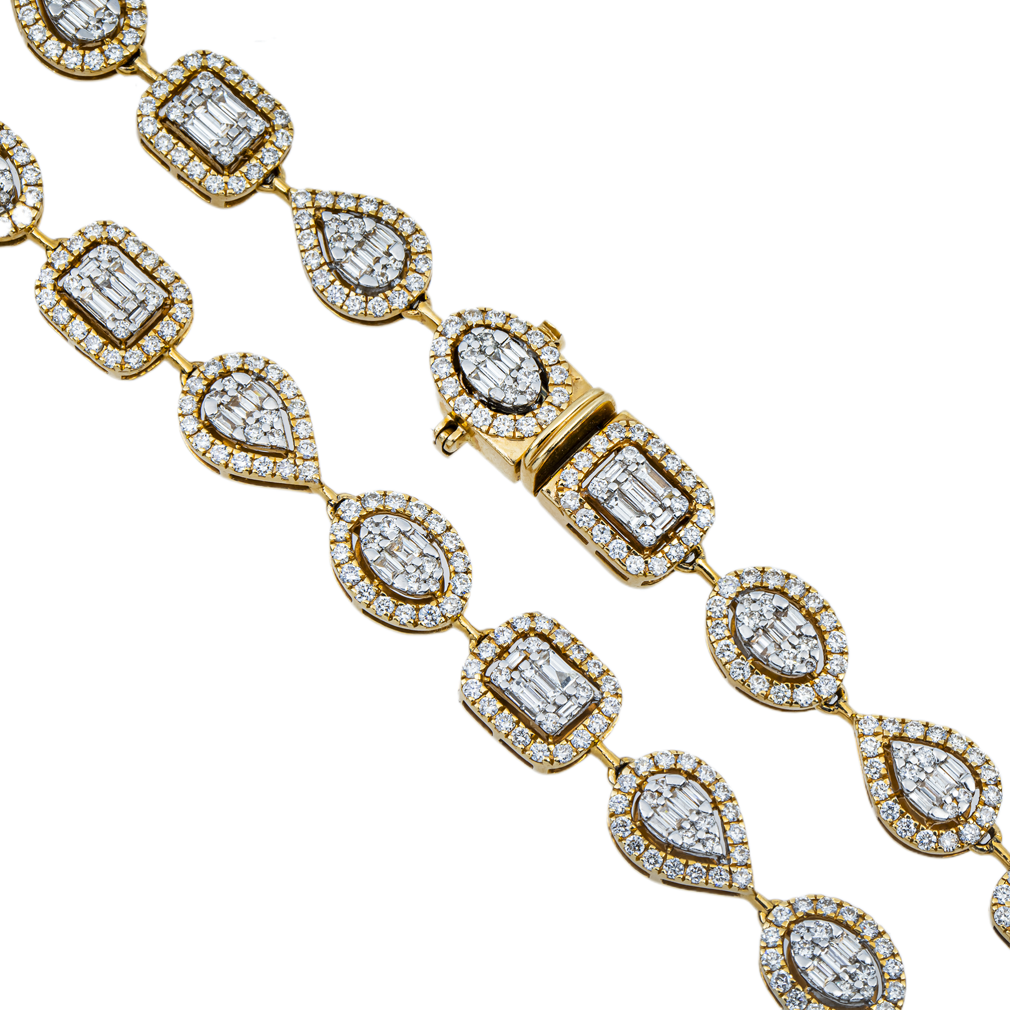 Yellow Gold Round & Baguette Cut Diamond Satellite Necklace