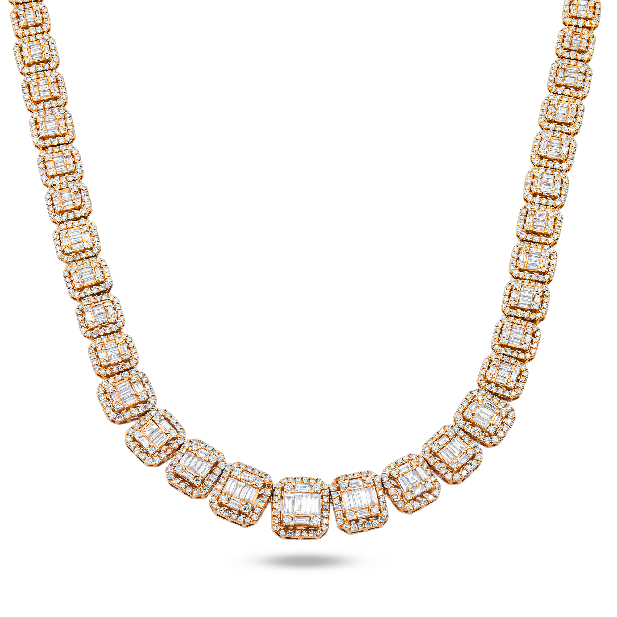 14K Rose Gold Graduated Round & Baguette Cut Diamond Tennis Chain 23.96ct