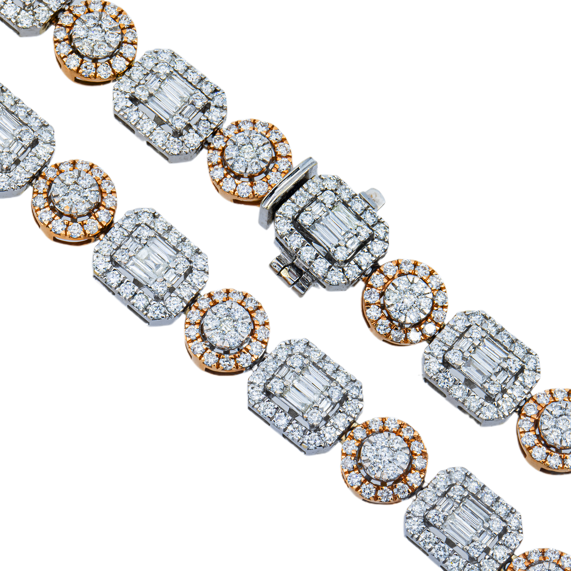 14K Two Tone Round & Baguette Cut Diamond Tennis Chain 22.12ct