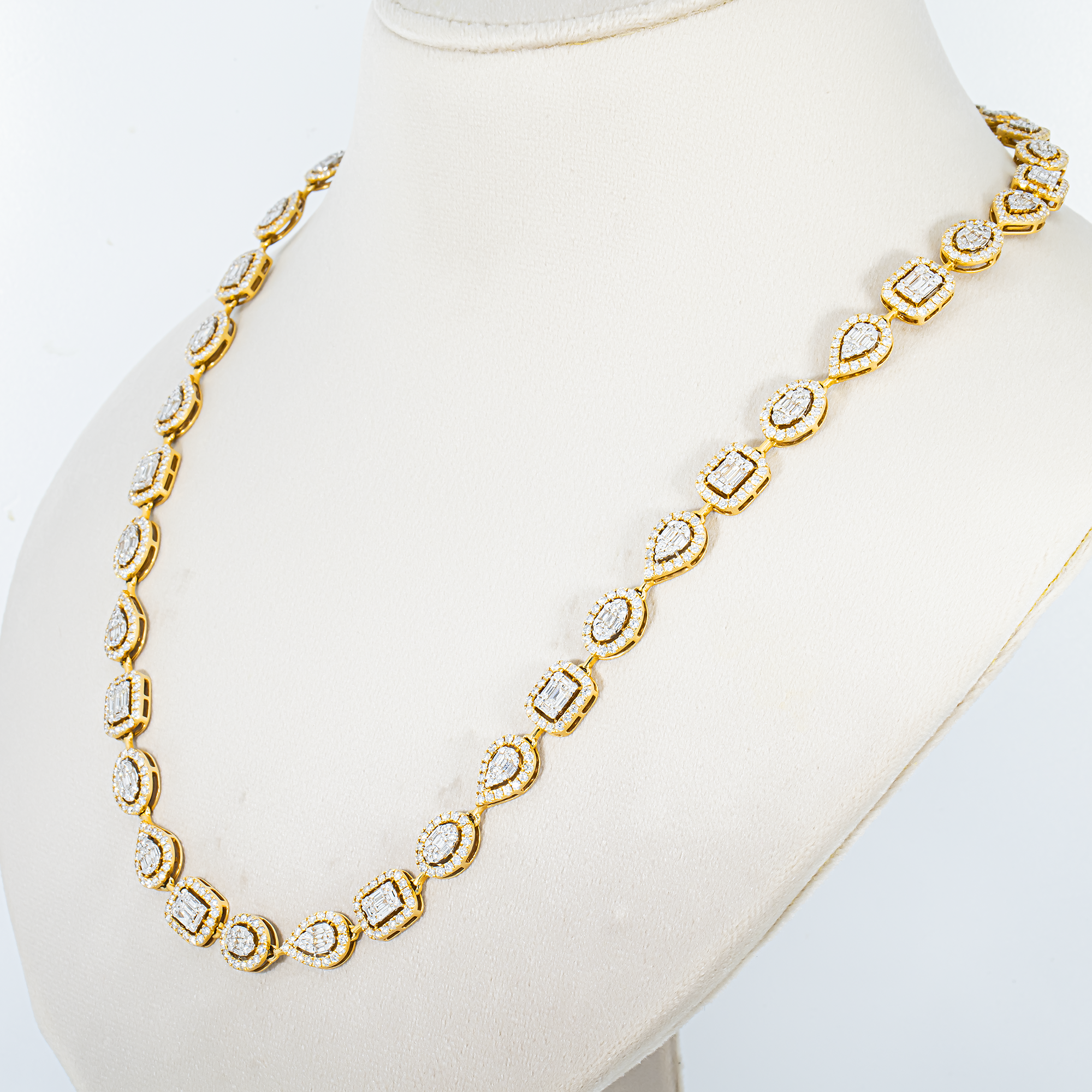 Yellow Gold Round & Baguette Cut Diamond Satellite Necklace