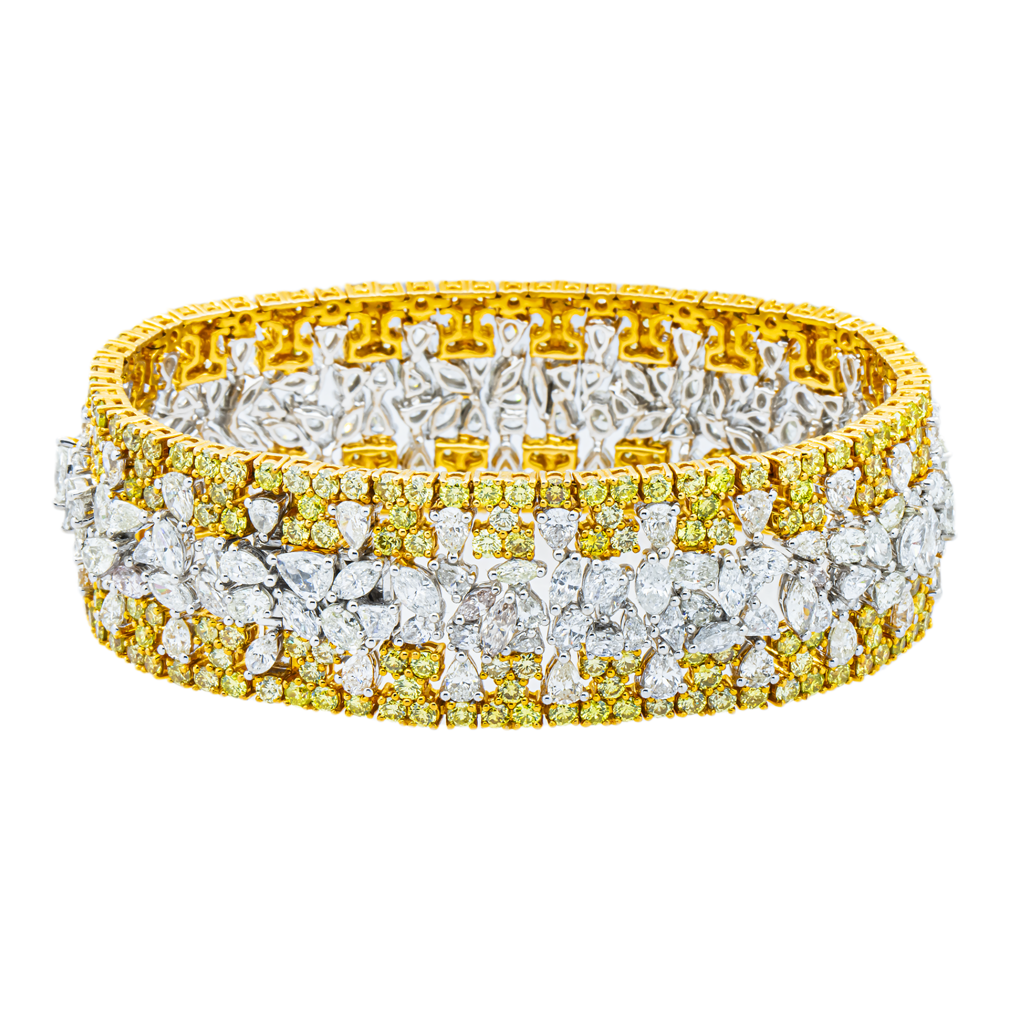 14K Two Tone Multi Cut Canary Yellow & White Diamond Bracelet 38.83ct