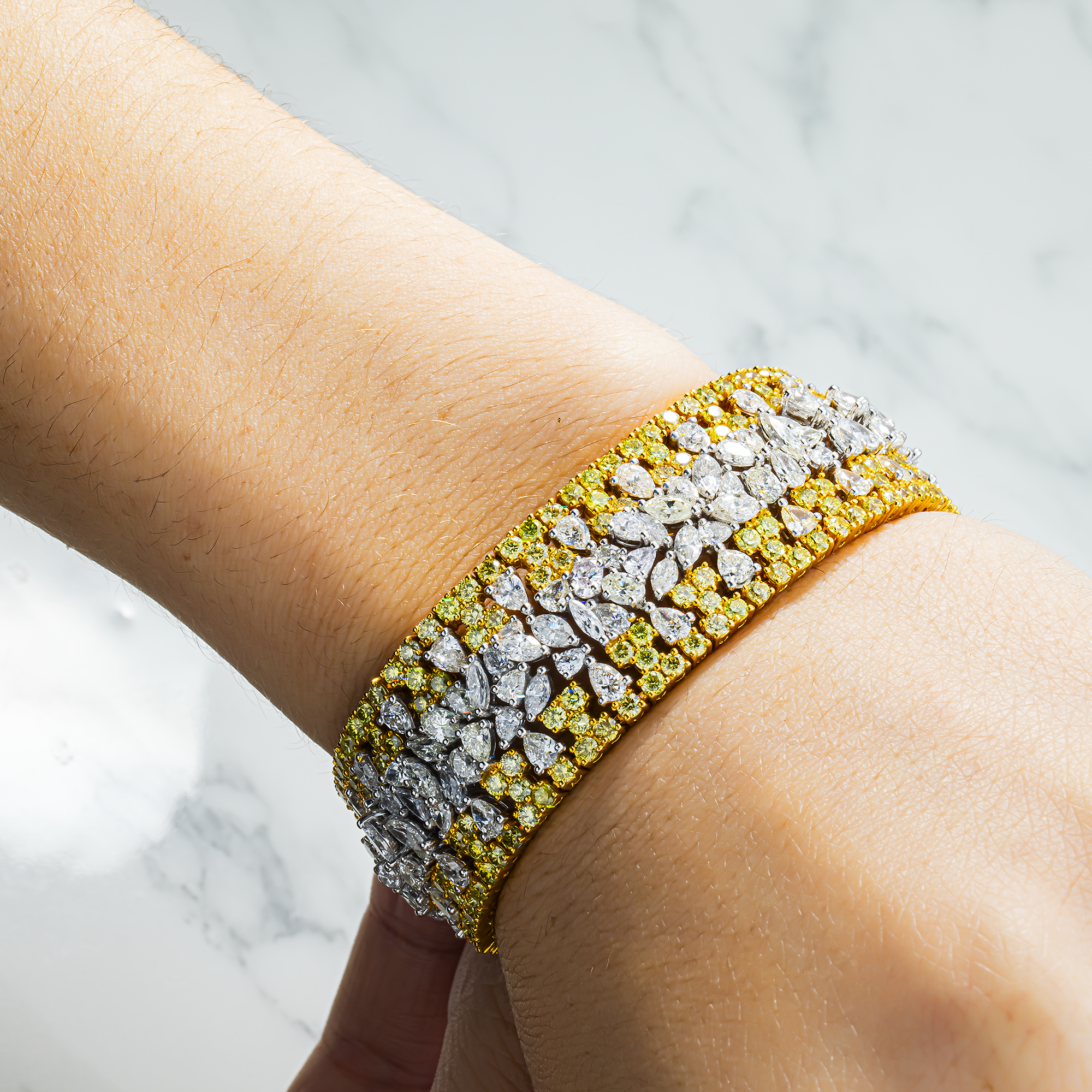 14K Two Tone Multi Cut Canary Yellow & White Diamond Bracelet 38.83ct
