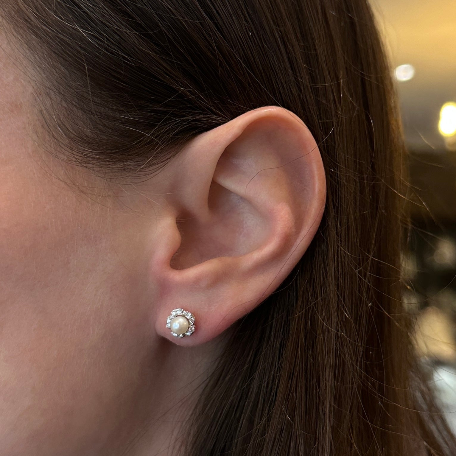 White Gold Pearl and Diamond Flower Stud Earrings