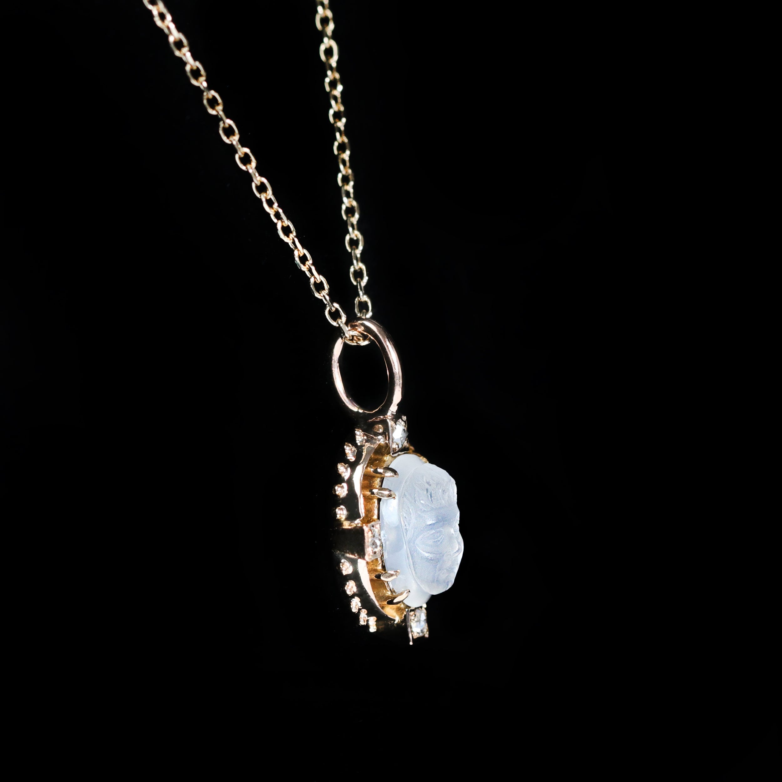 Victorian Moonstone Cameo and Rose Cut Diamond Pendant
