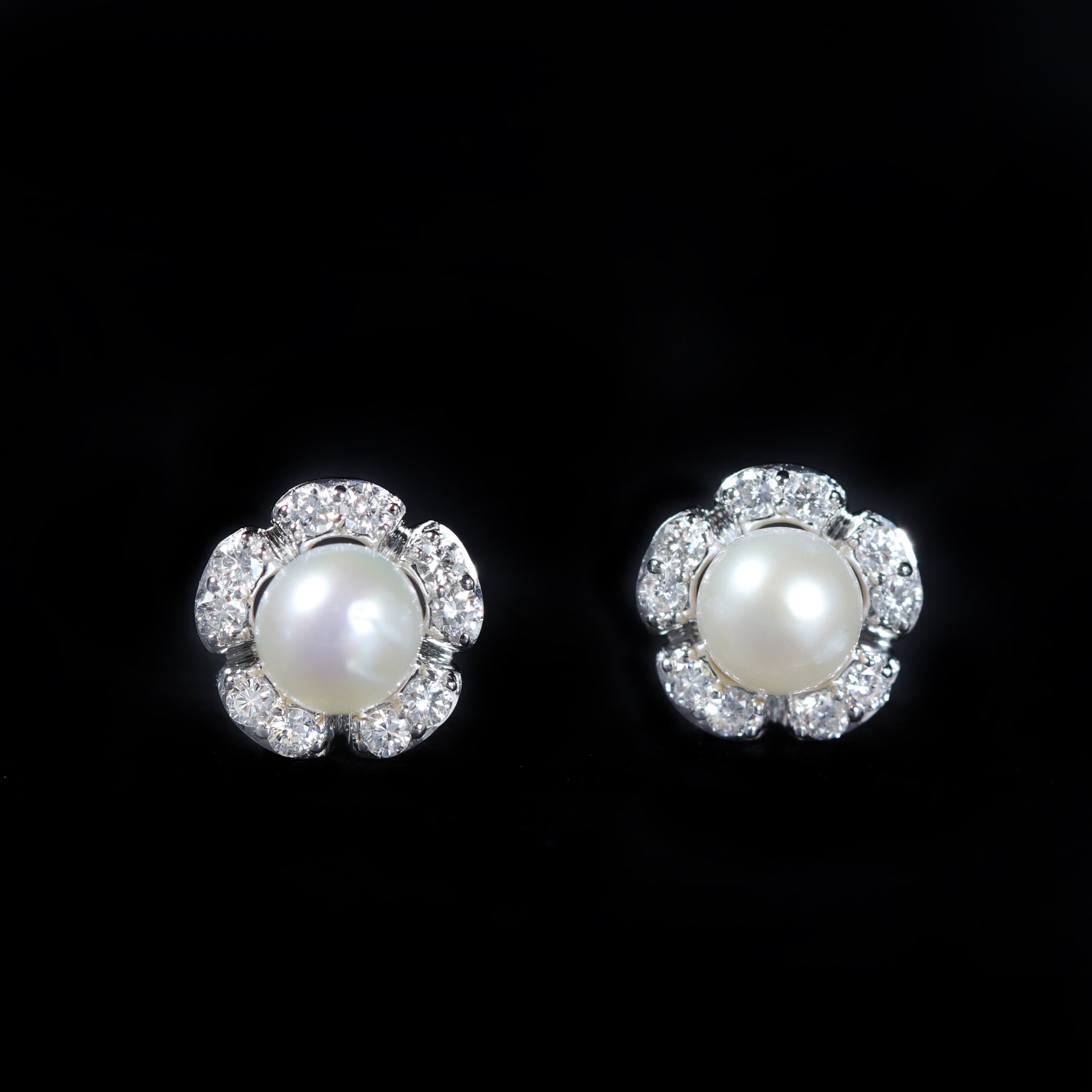 White Gold Pearl and Diamond Flower Stud Earrings