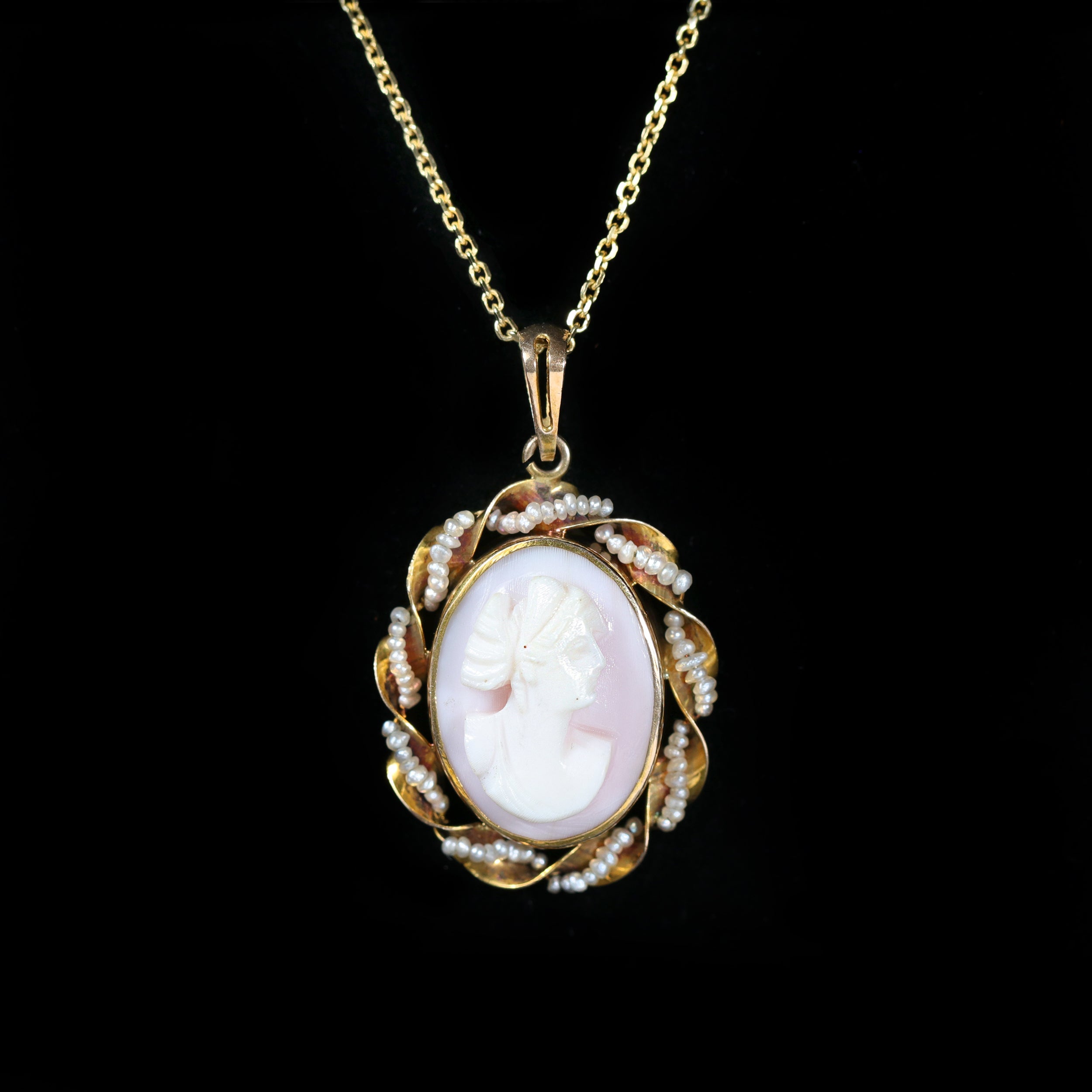 Estate Yellow Gold Cameo and Pearl Pendant