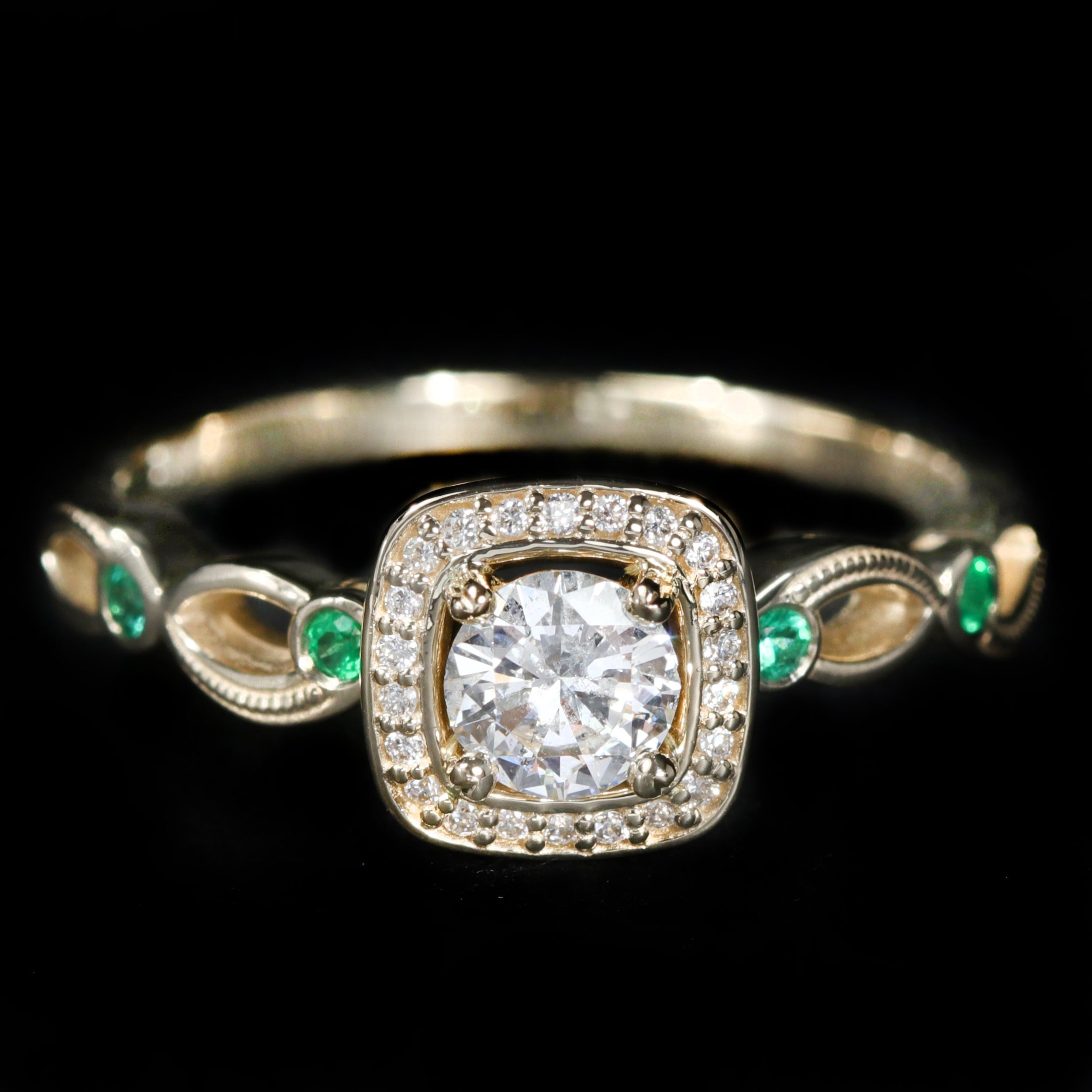 Yellow Gold 0.32 Carat Diamond and Emerald Enagement Ring
