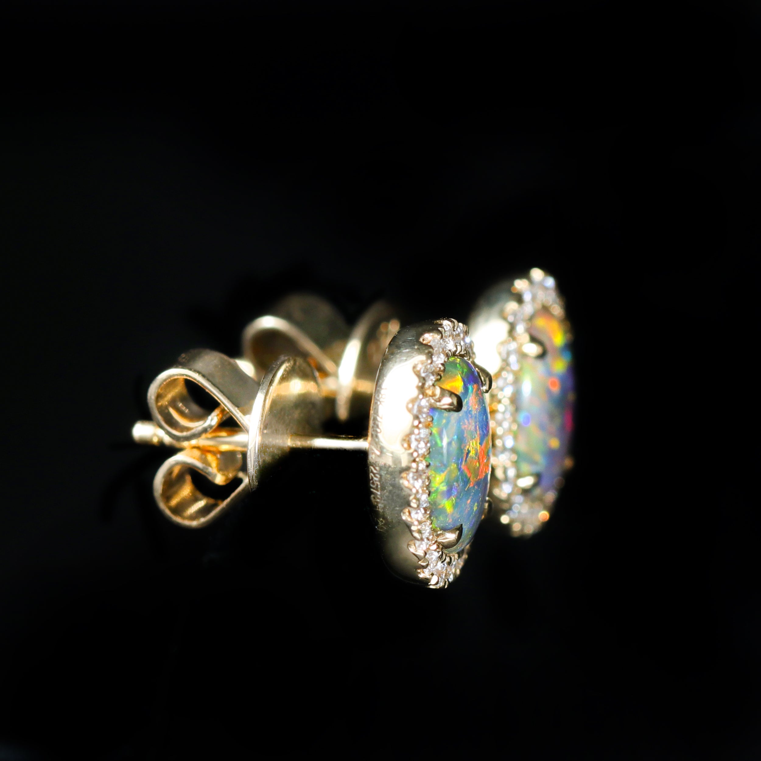 Yellow Gold 1.20 CTW Black Opal and Diamond Stud Earrings