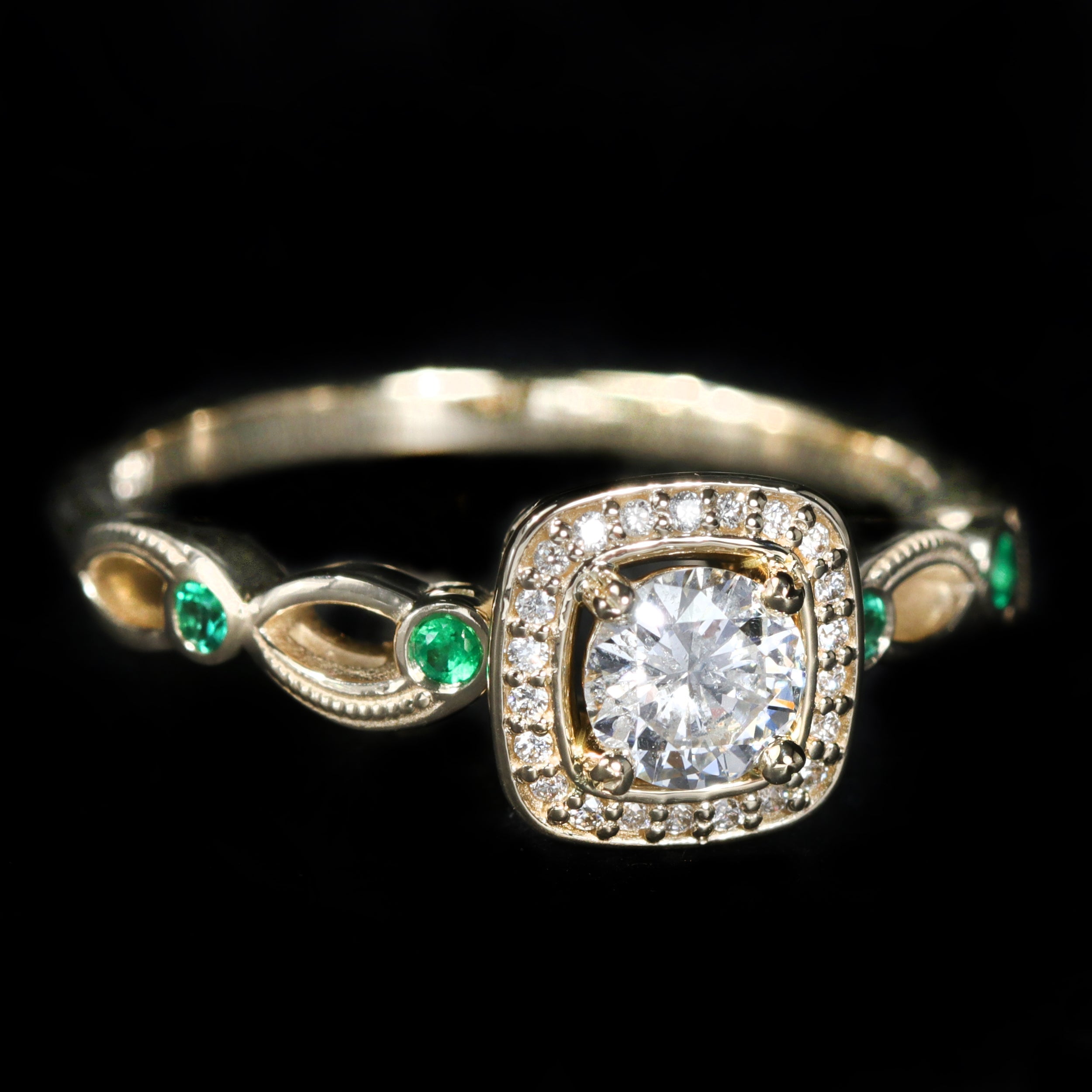 Yellow Gold 0.32 Carat Diamond and Emerald Enagement Ring