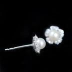 White Gold Pearl and Diamond Flower Stud Earrings
