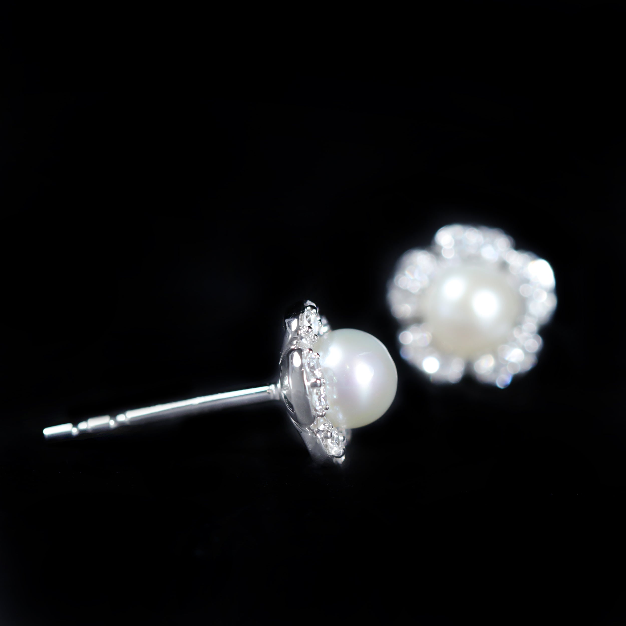 White Gold Pearl and Diamond Flower Stud Earrings