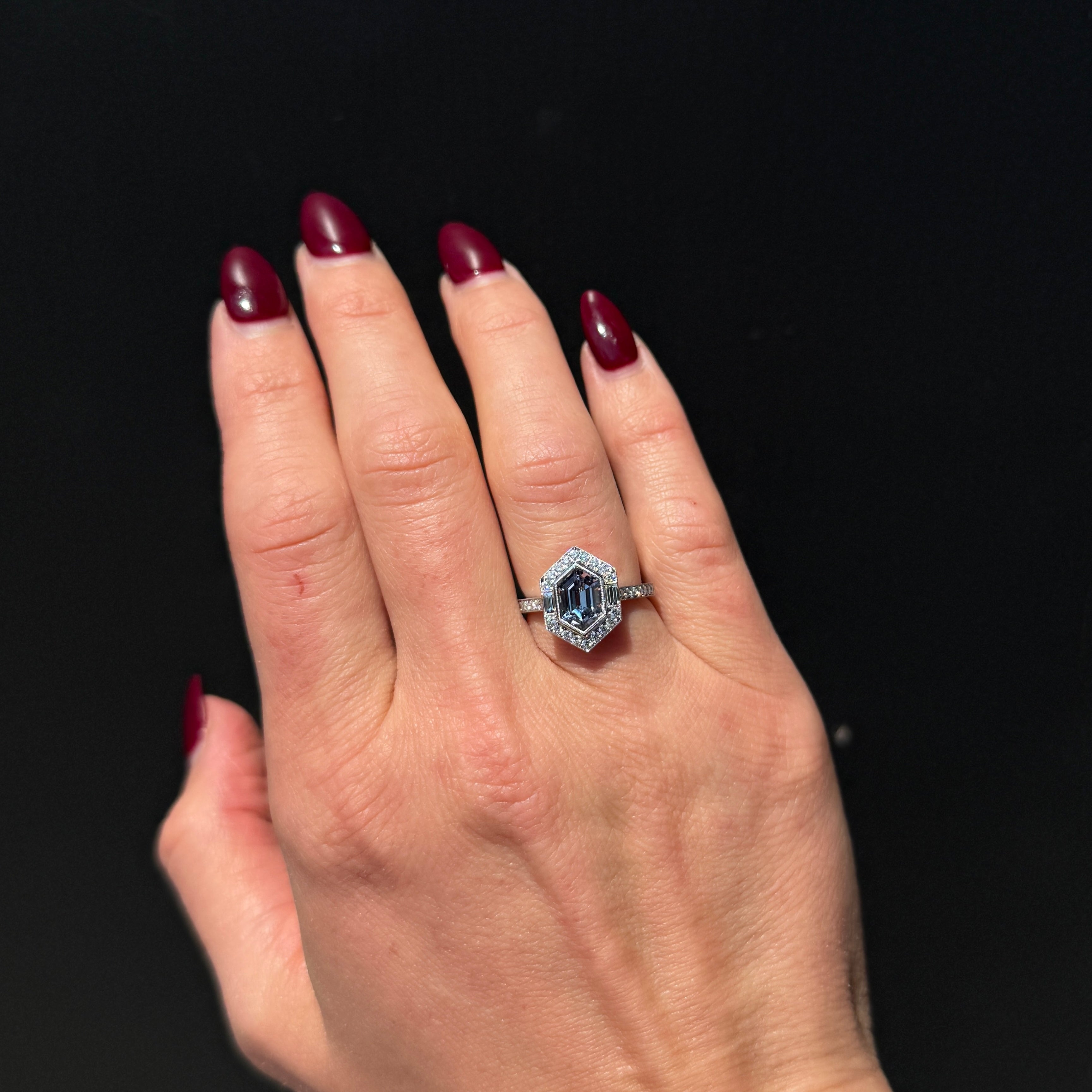 14K White Gold 1.46 Carat Hexagon Cut Tanzanite and Diamond Ring