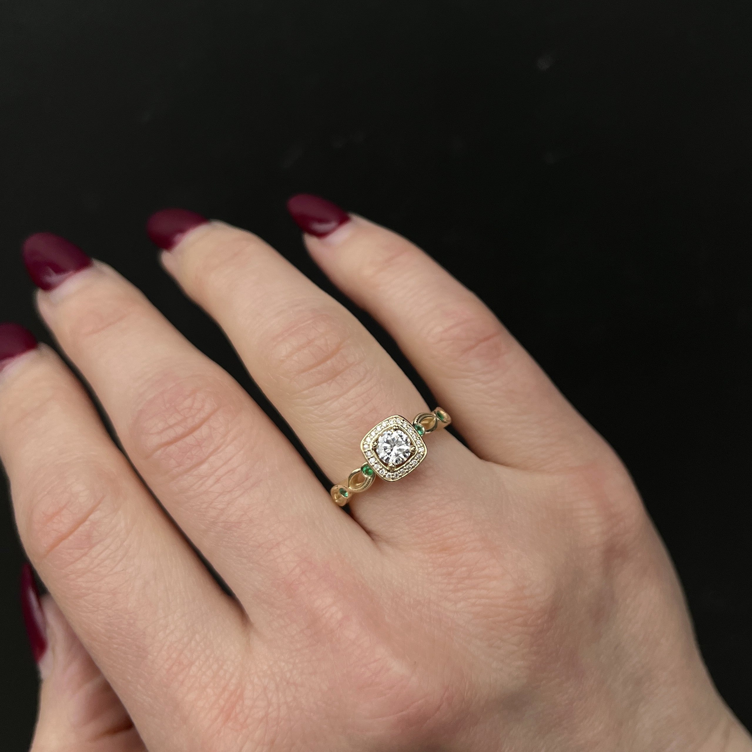 Yellow Gold 0.32 Carat Diamond and Emerald Enagement Ring