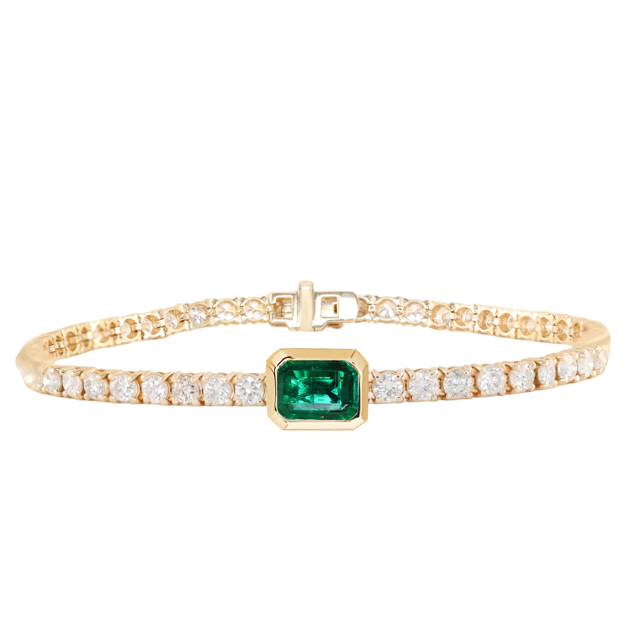 14kt gold grande emerald bezel diamond tennis bracelet