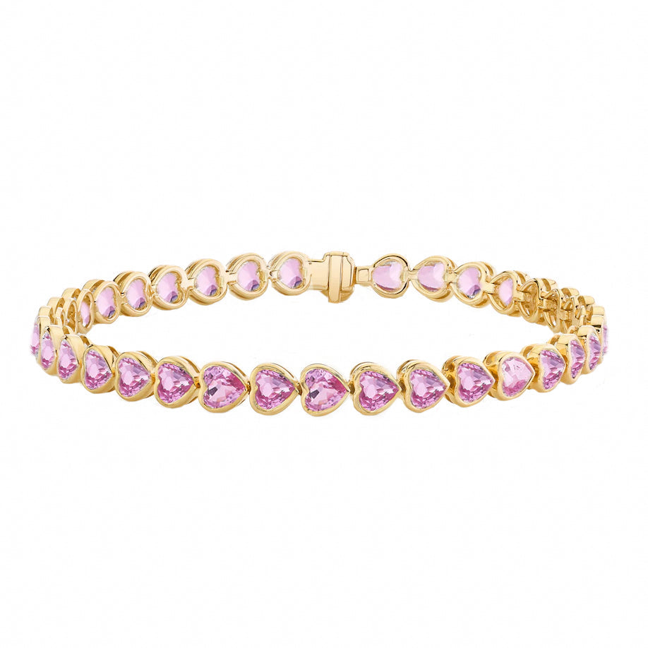 14kt gold heart pink sapphire bezel tennis bracelet