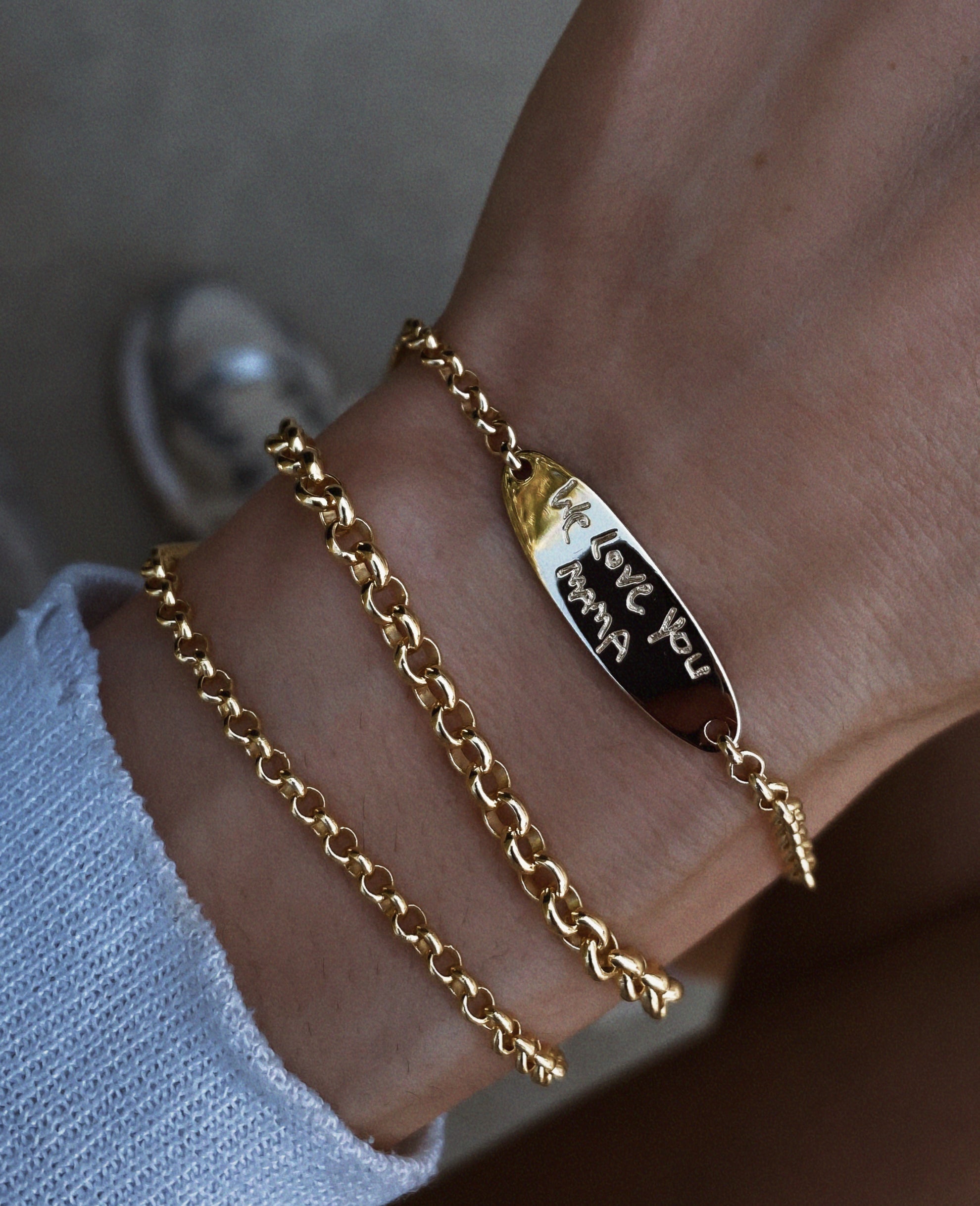 14kt gold hand engraved oval 3mm baby love note bracelet